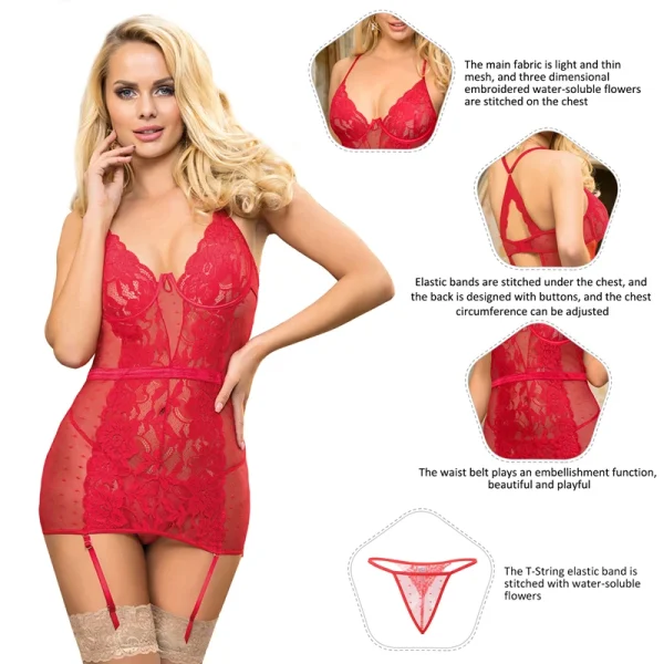 Ensemble tenue de nuit nuisette avec porte-jartelles avec string grande taille