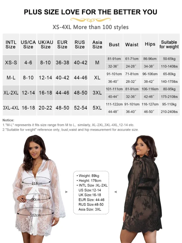Kimono pour nuit de noce sexy en dentelle grande taille