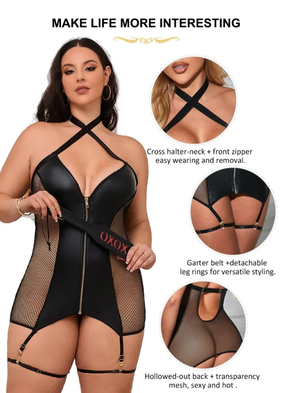 Corset en simili cuir et transparent grande taille avec porte-jartelles