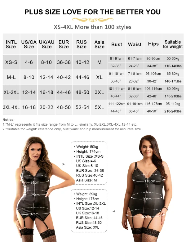 Lingerie de nuit en simili-cuir avec porte-jartelles grande taille