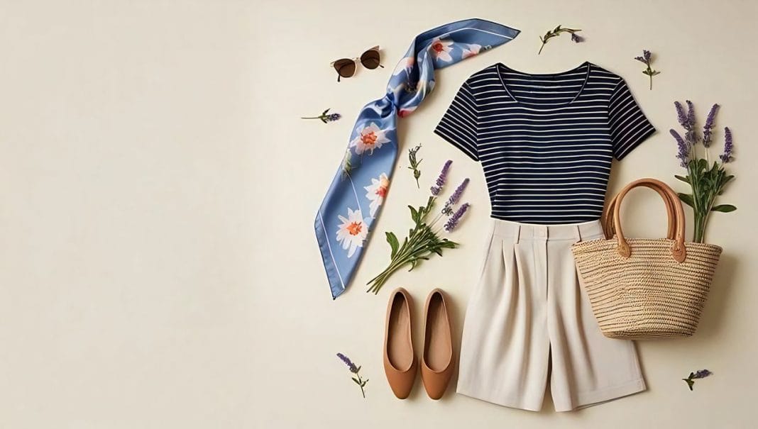 French chic fashion style, flat lay of navy striped Breton top, light beige culottes, tan leather ballet flats, market tote, floral silk scarf and vintage cat eye sunglasses, exuding a Parisian vibe
