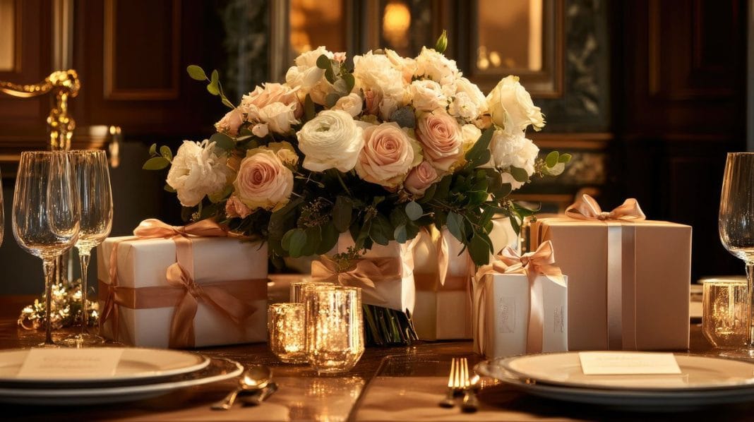 A surprise dinner setup with a bouquet and wrapped gifts